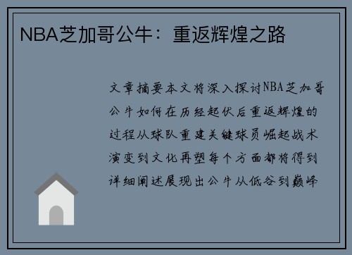 NBA芝加哥公牛：重返辉煌之路
